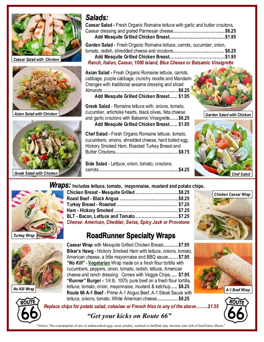 Route 66 Road Runner | Salads | Wraps | Lunch | Dinner | Caesar | Greek | Chef | Chicken