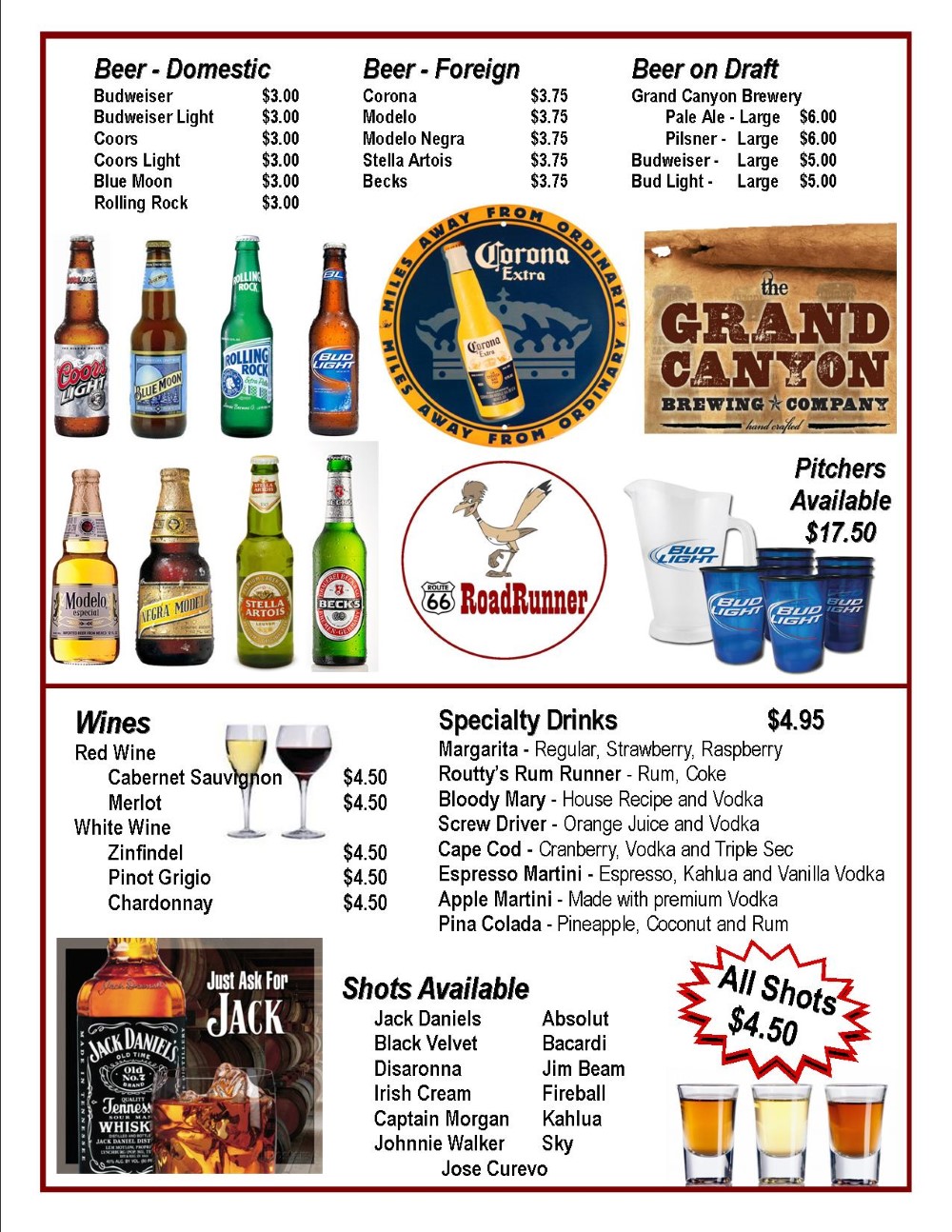 Drinks Menu | Cold Beer | Alcohol Drinks | Mixed Drinks | Seligman Arizona